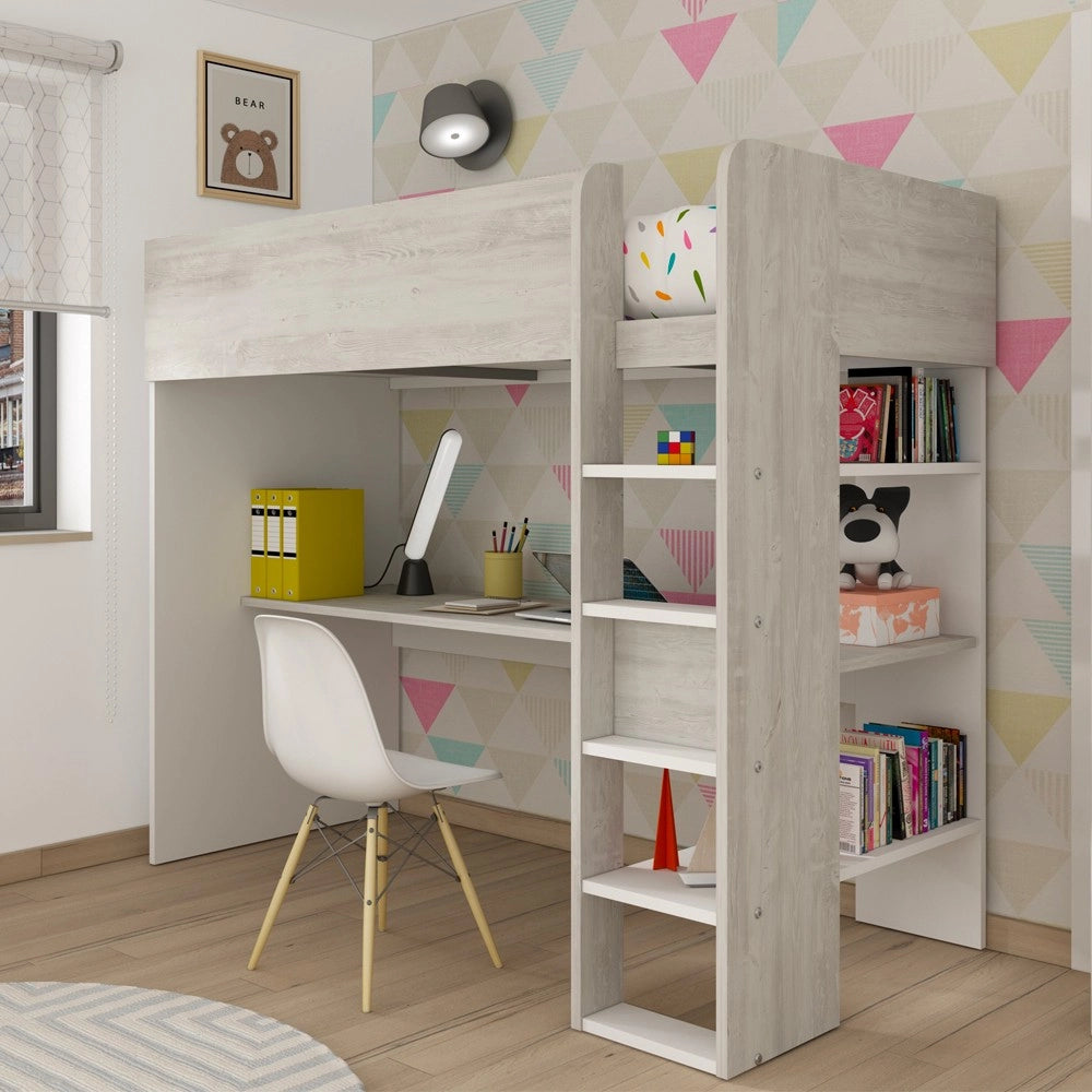 Letto a soppalco bianco consumato e bianco con scrivania 2278