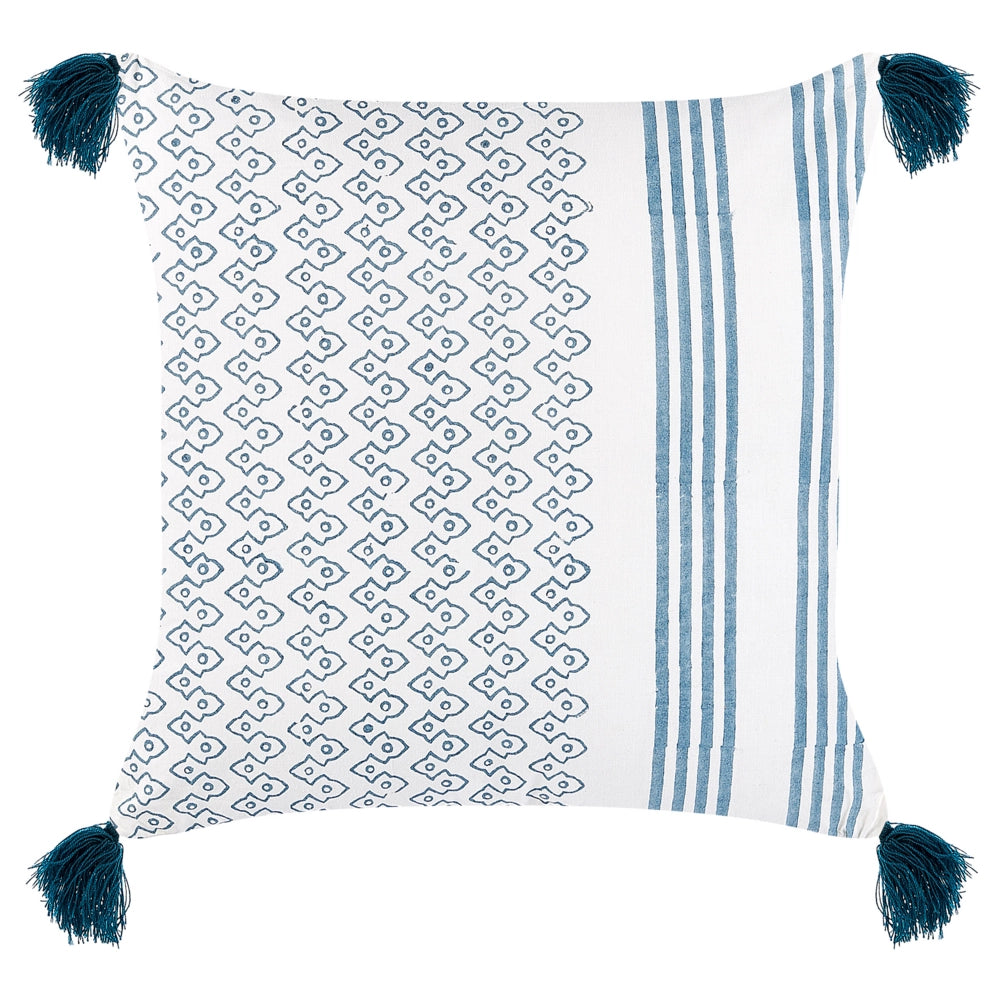 Cuscino cotone bianco e blu scuro 45 x 45 cm stampa a blocchi soggiorno camera da letto