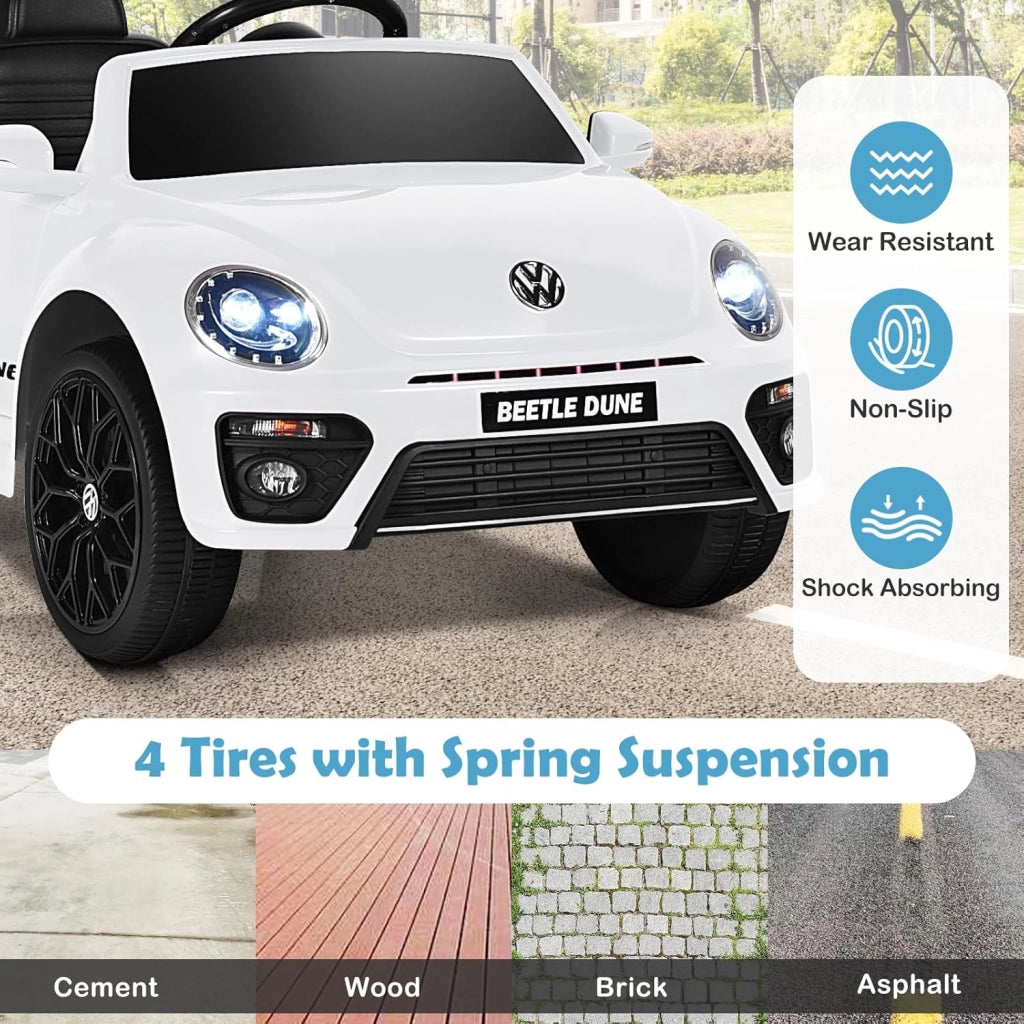 Macchina Elettrica per Bambini Volkswagen Beetle Maggiolino 12V con Telecomando, Auto Elettrico a Pedale, Veicoli con Musica, Fari LED e Clacson, 3-5km/h, Carico 30 kg, 3-8 Anni (Bianco)