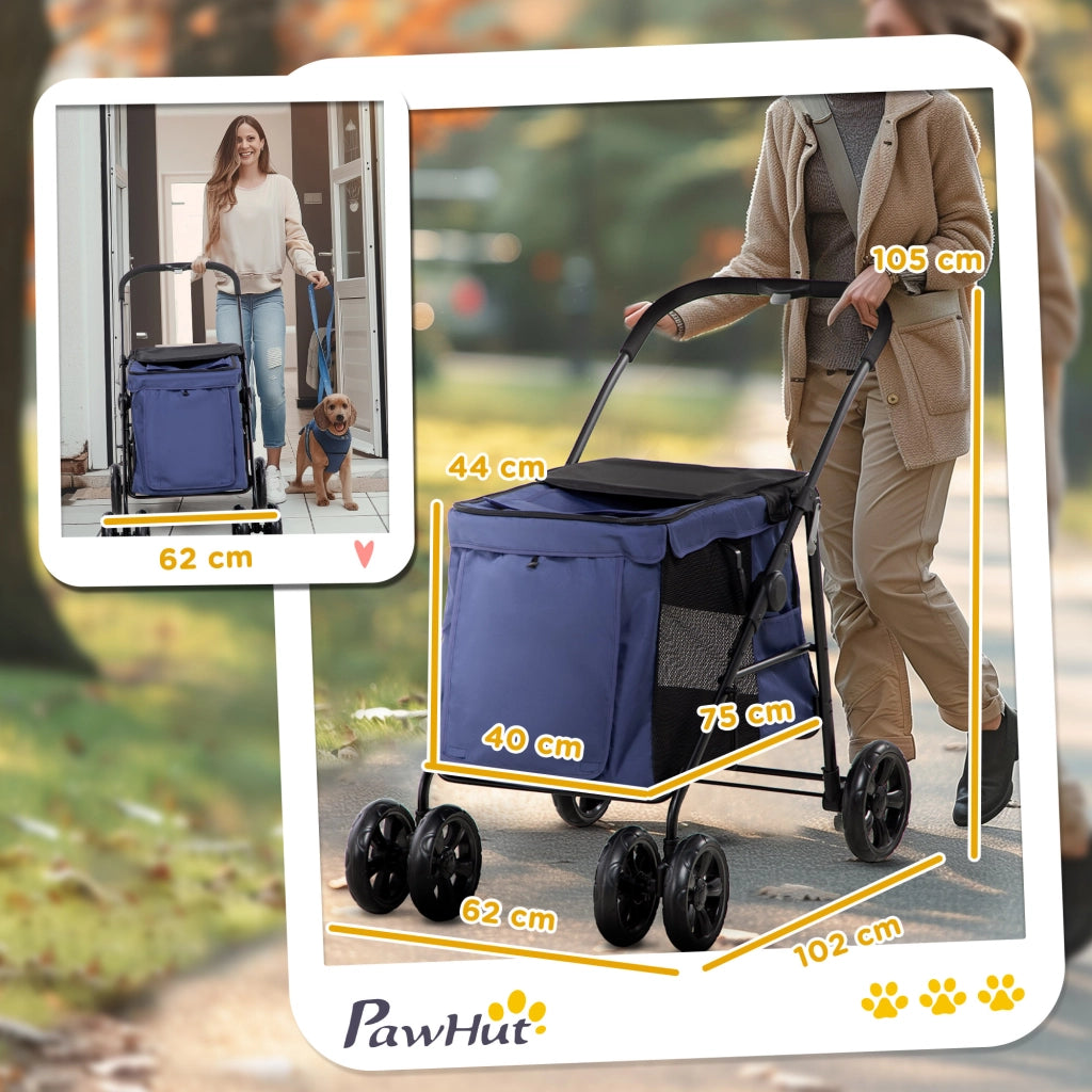 Carrello pieghevole per cani con cuscino finestre in rete porte laterali e 2 guinzagli in poliestere blu