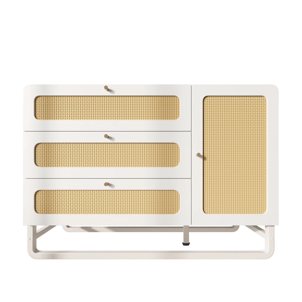 Credenza con 3 cassetti e anta con ripiani regolabili in MDF e metallo bianco 120 × 40 × 85 cm