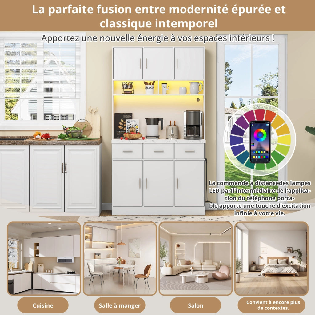 Credenza da cucina con 6 ante; 3 cassetti; ripiani regolabili; LED e prese USB; in MDF; 100 x 40 x 180 cm
