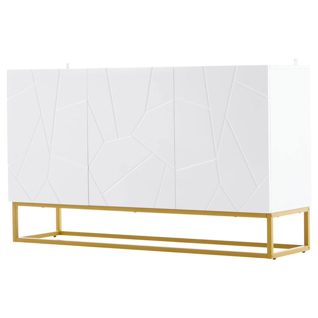 Credenza con 3 ante e ripiani regolabili, frontali lucidi, per soggiorno e ingresso, 130 × 35 × 76 cm, bianco e oro