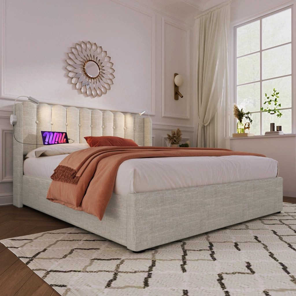 Letto Contenitore Letto Matrimoniale; USB; Luce da Lettura e Vano 140×200 cm; senza Materasso; Lino; Naturale