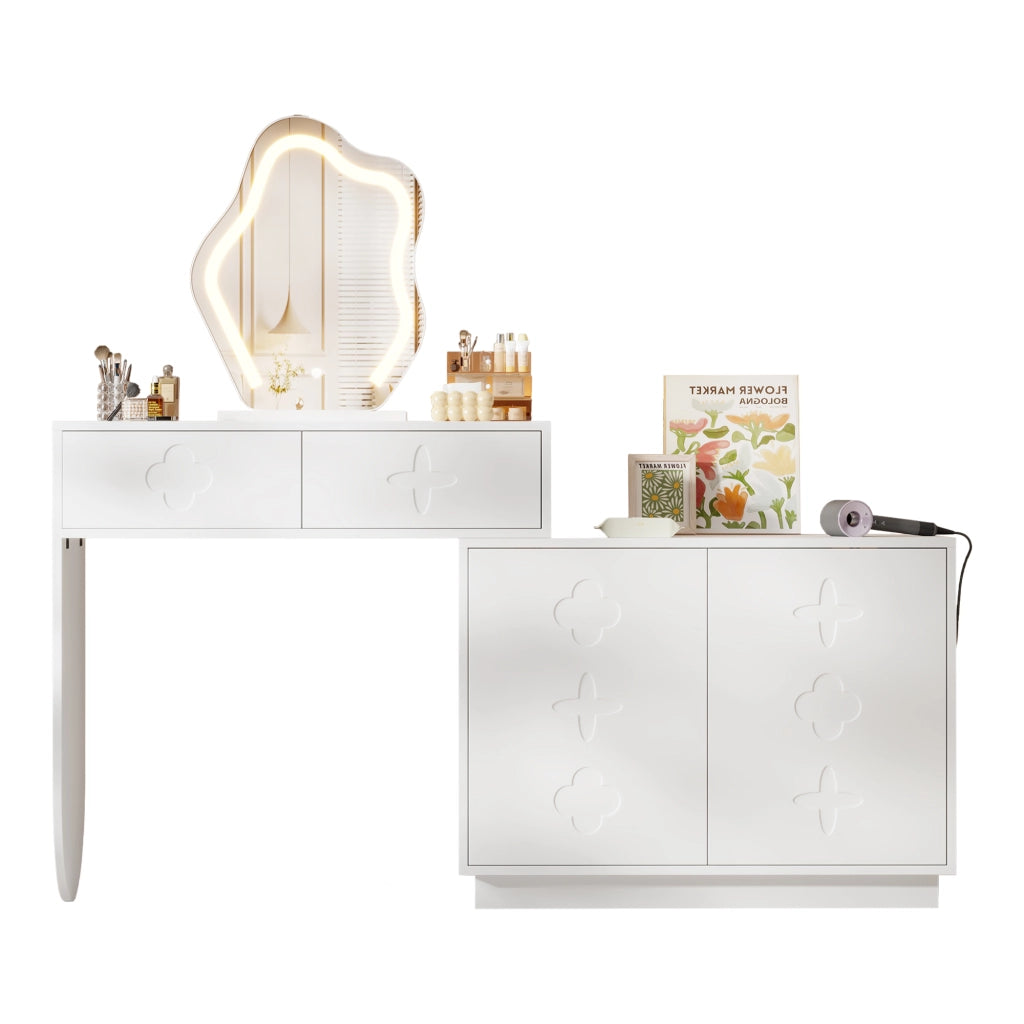 Toeletta con LED; 2 cassetti e 4 vani - per camera da letto - 160×40×132 cm - bianco