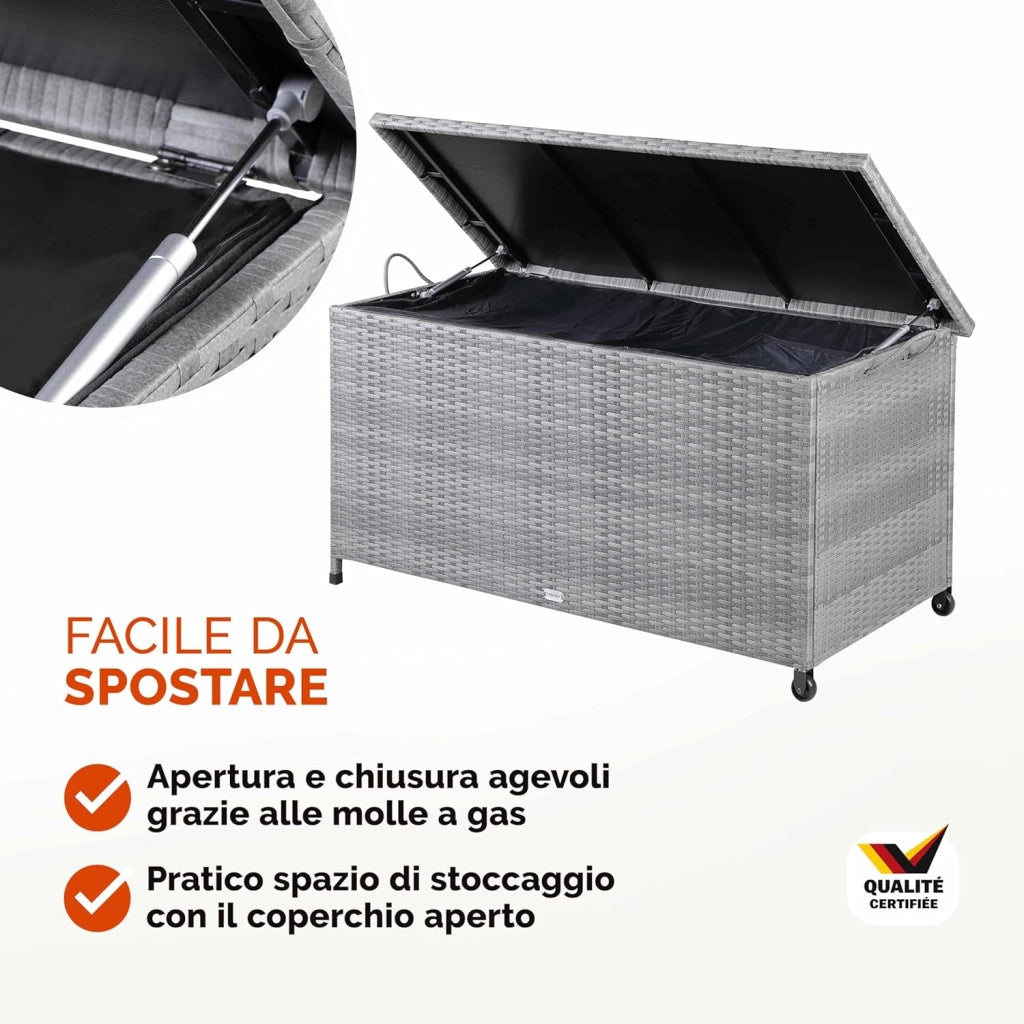 Baule da Giardino Salvaspazio 122x56x62cm Polyrattan Box Esterno con Rotelle Coperchio