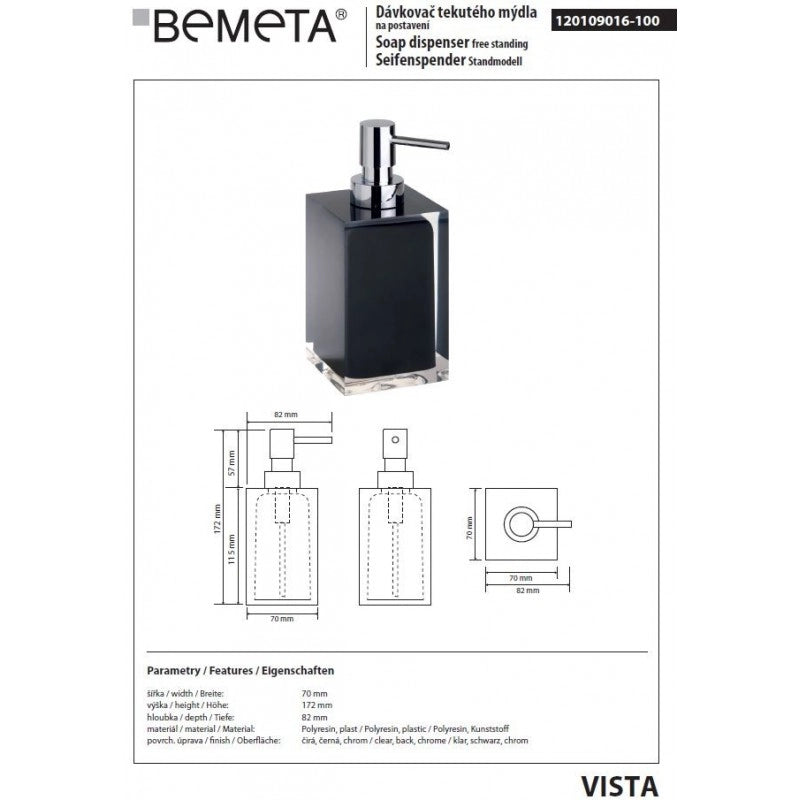VISTA Dispenser Sapone Liquido Quadrato in Resina Nera / 250 ml