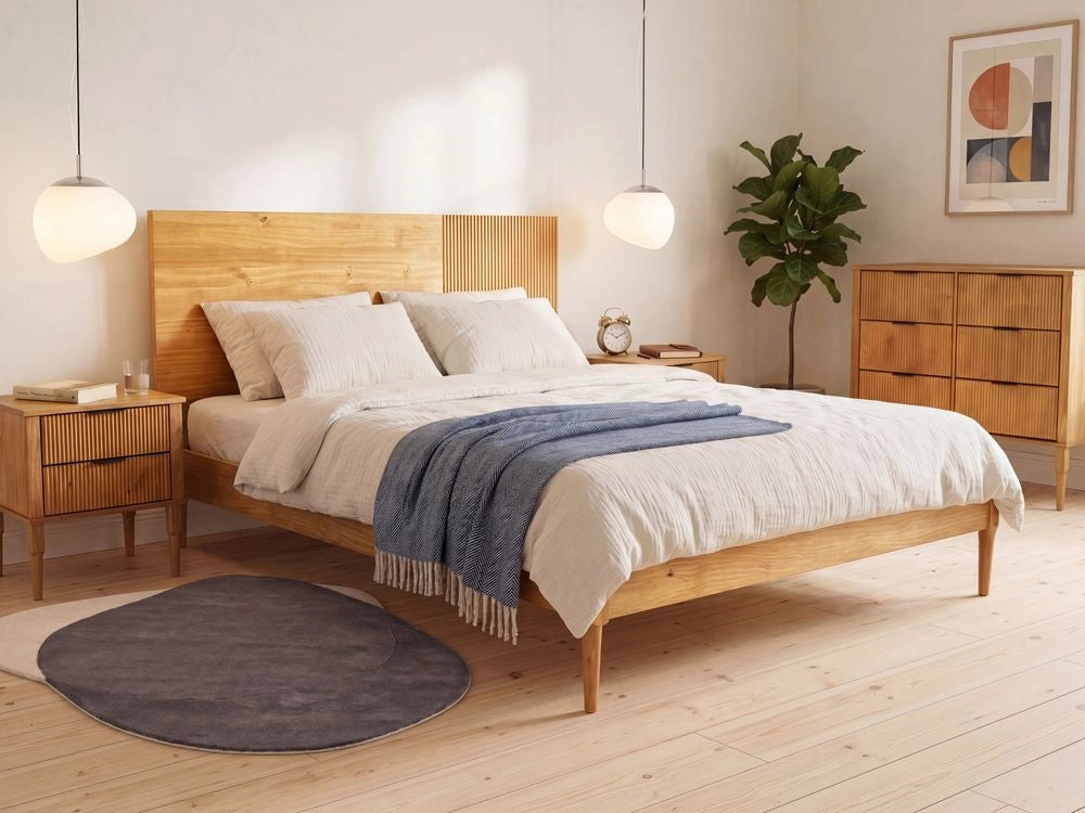 Letto con rete in legno di pino naturale color marrone chiaro, 180 x 200 cm, con testiera in stile scandinavo