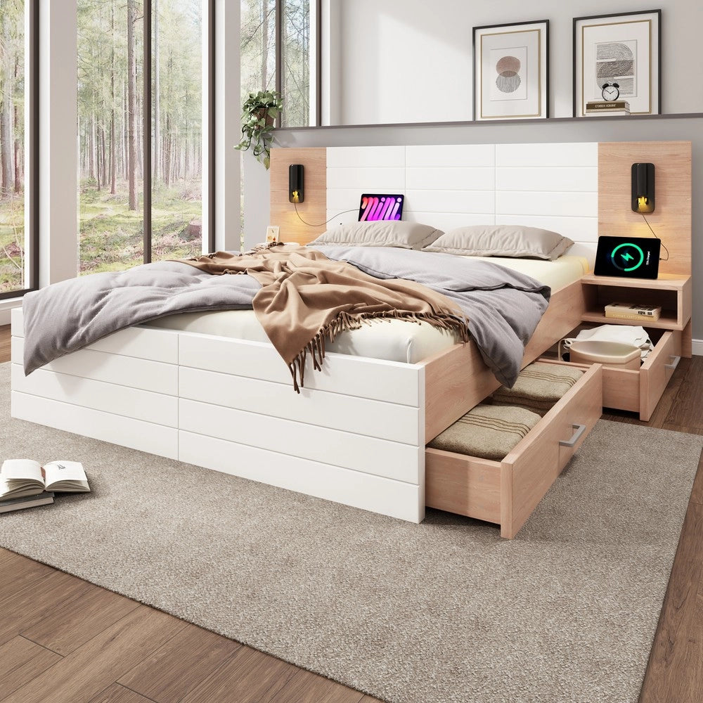 Letto Matrimoniale in Legno con Cassetti e Testiera LED ¨C MINIMAL ¨C Rovere/Bianco 140x200