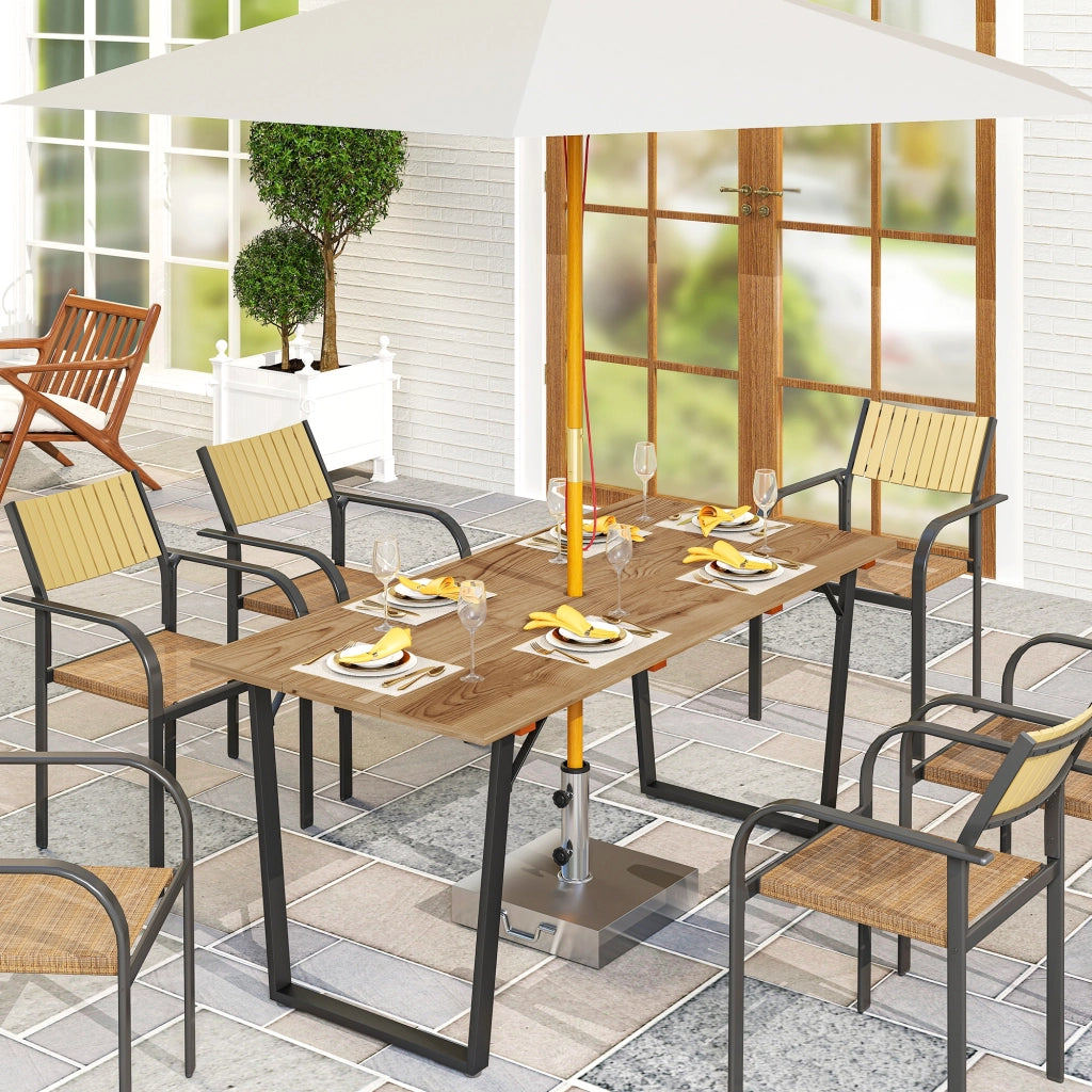 Tavolo da Giardino Rettangolare a 6 Posti con Foro per Ombrellone, Legno e Acciaio, 175x80x75 cm, Marrone