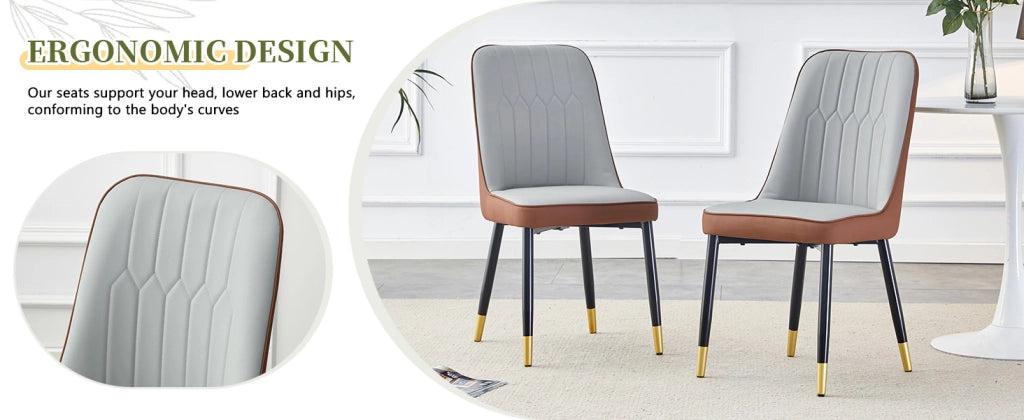Set di due sedie da pranzo moderne e semplici, con schienale in similpelle bicolore (grigio chiaro e marrone) e gambe in metallo nero. Ideali per sale