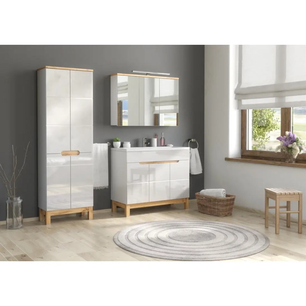Mobile bagno ERMANO – Rovere chiaro e bianco lucido – 100x69 cm – 3 porte specchio – Da appendere