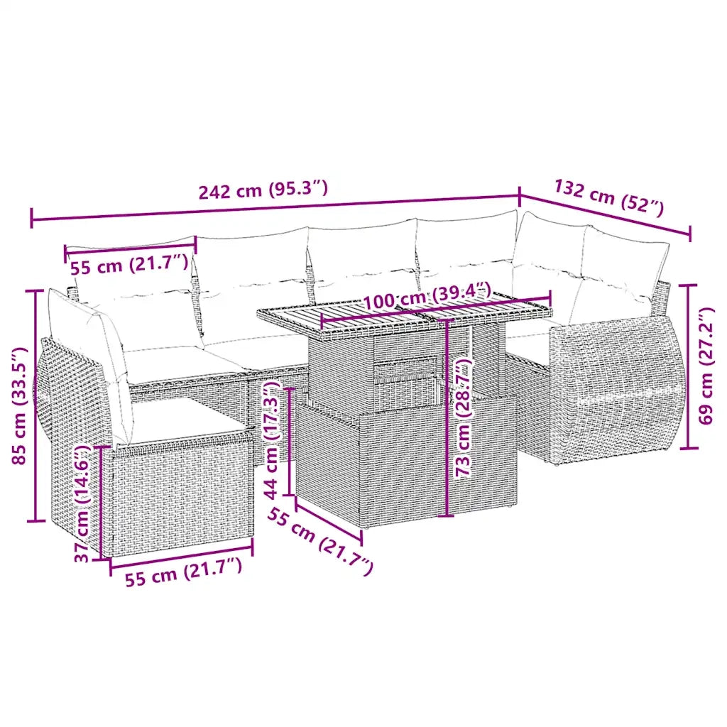 Set Divani da Giardino 7 pz con Cuscini Beige in Polyrattan