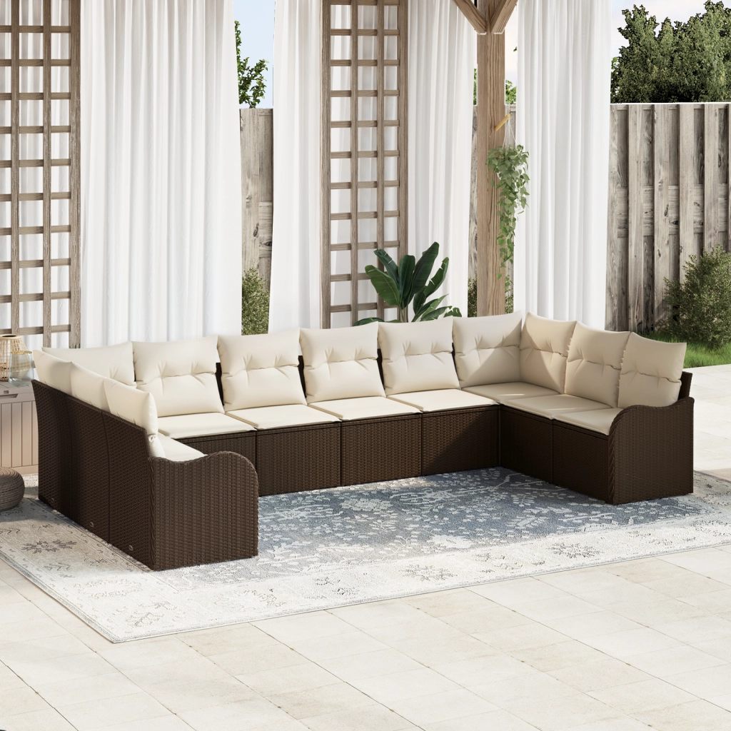 Set di Divano da Giardino a 10 Pezzi con Cuscini Rattan Poly Marrone