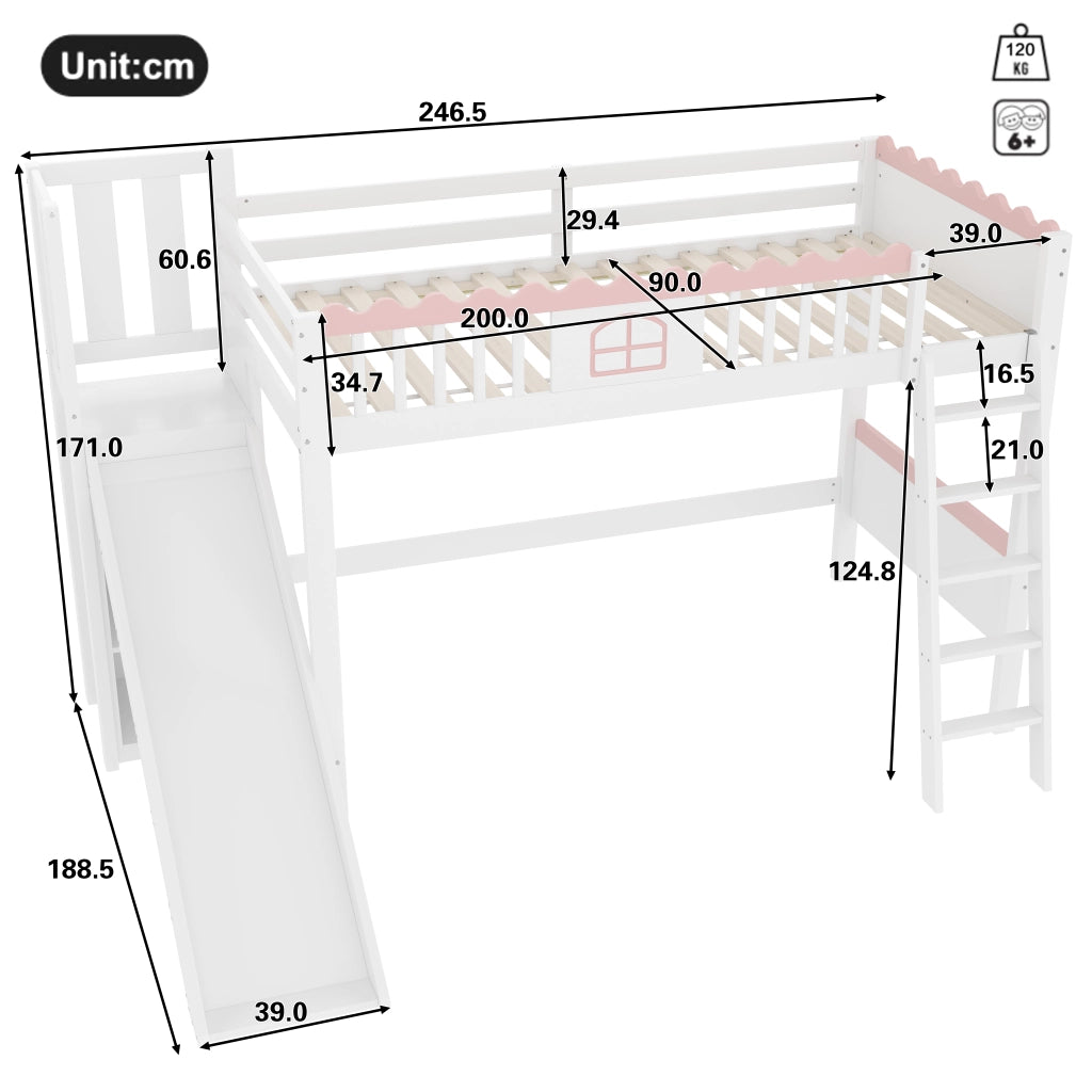 Letto a castello funzione scivolo pino 90x200 cm