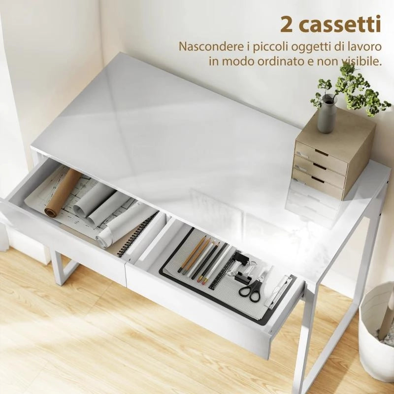 SCRIVANIA MODERNA CON 2 CASSETTI E GAMBE IN ACCIAIO, 100X50X75 CM, BIANCO LUCIDO
