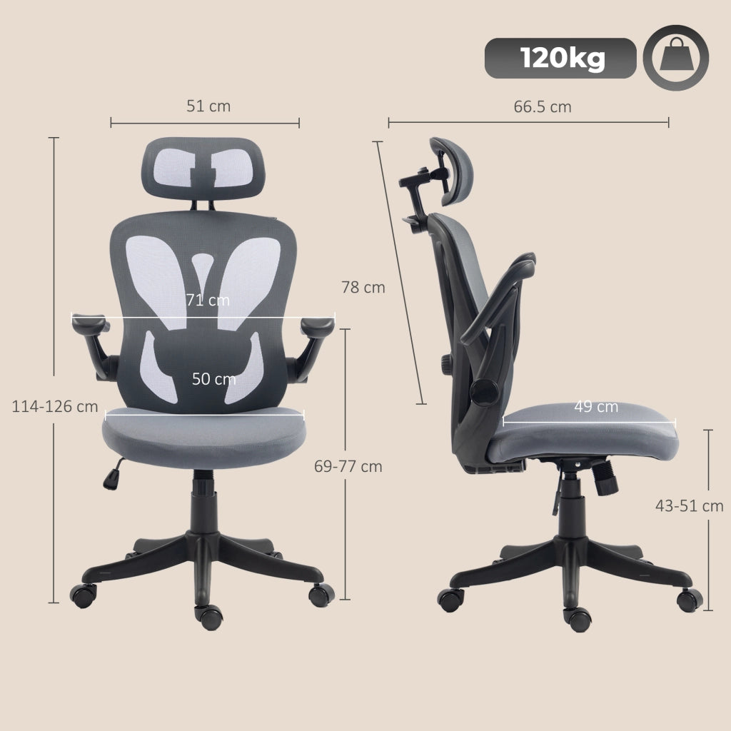 Sedia Ufficio Ergonomica, Braccioli Ribaltabili 3D, Poggiatesta 2D, Appendiabiti, in Rete, Grigio Scuro