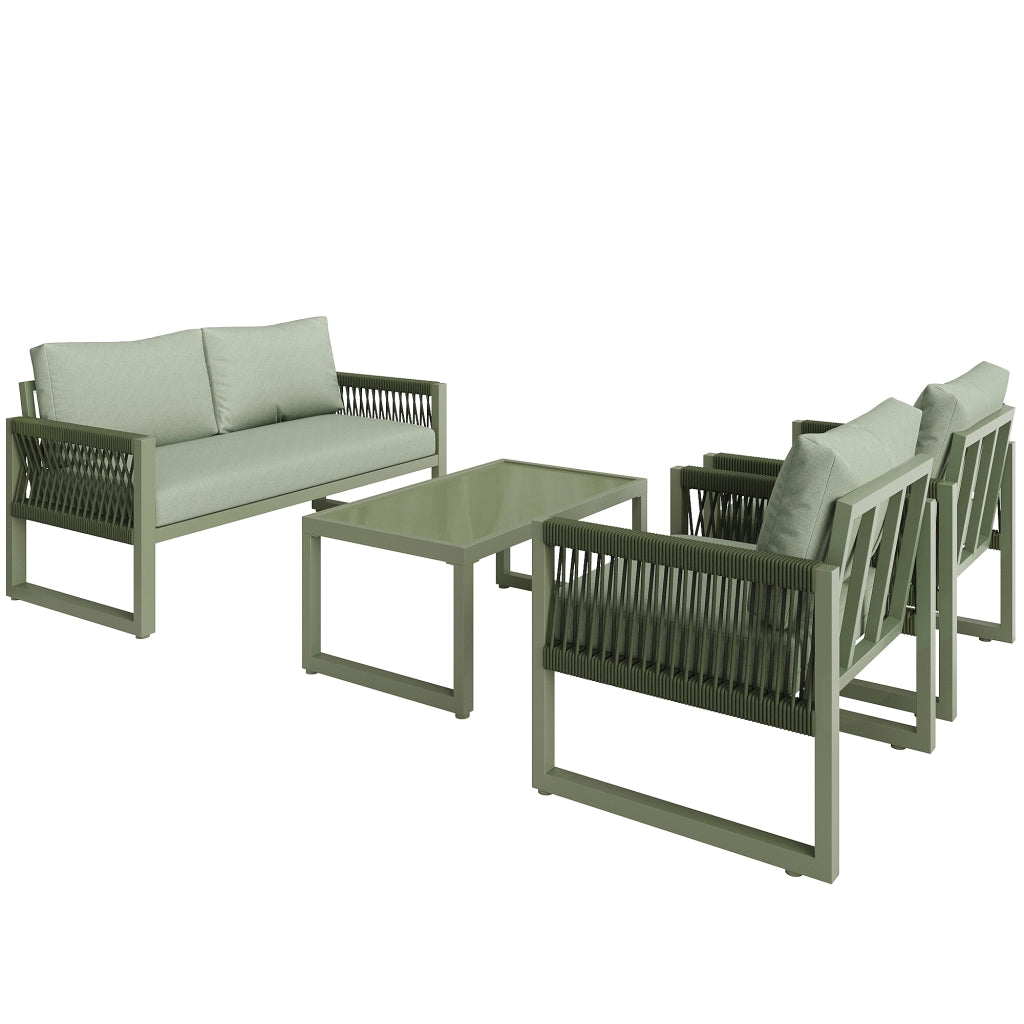 Set Lounge da Giardino 4 Pezzi in Corda con Tavolo in Vetro e Cuscini ¨C MINIMAL ¨C Verde