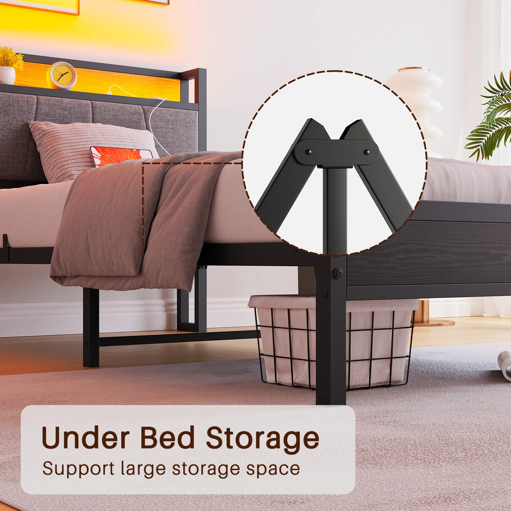 Letto Singolo con LED e USB ¨C MINIMAL ¨C Struttura Metallo, Rete a Doghe, 90x200