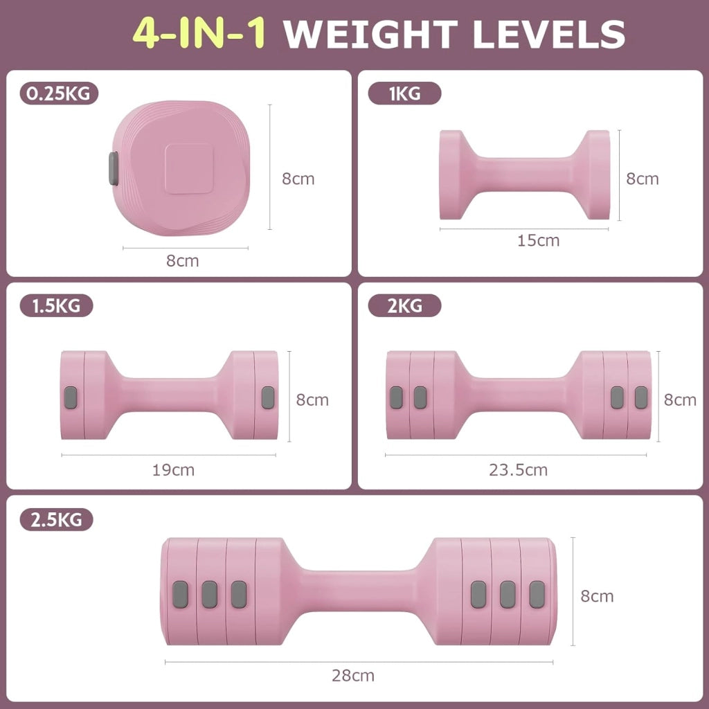 Set di 2 manubri regolabili 2 in 1, per donne e uomini, 4 livelli di peso con adattatore kettlebell, set di manubri per casa (Rosa)