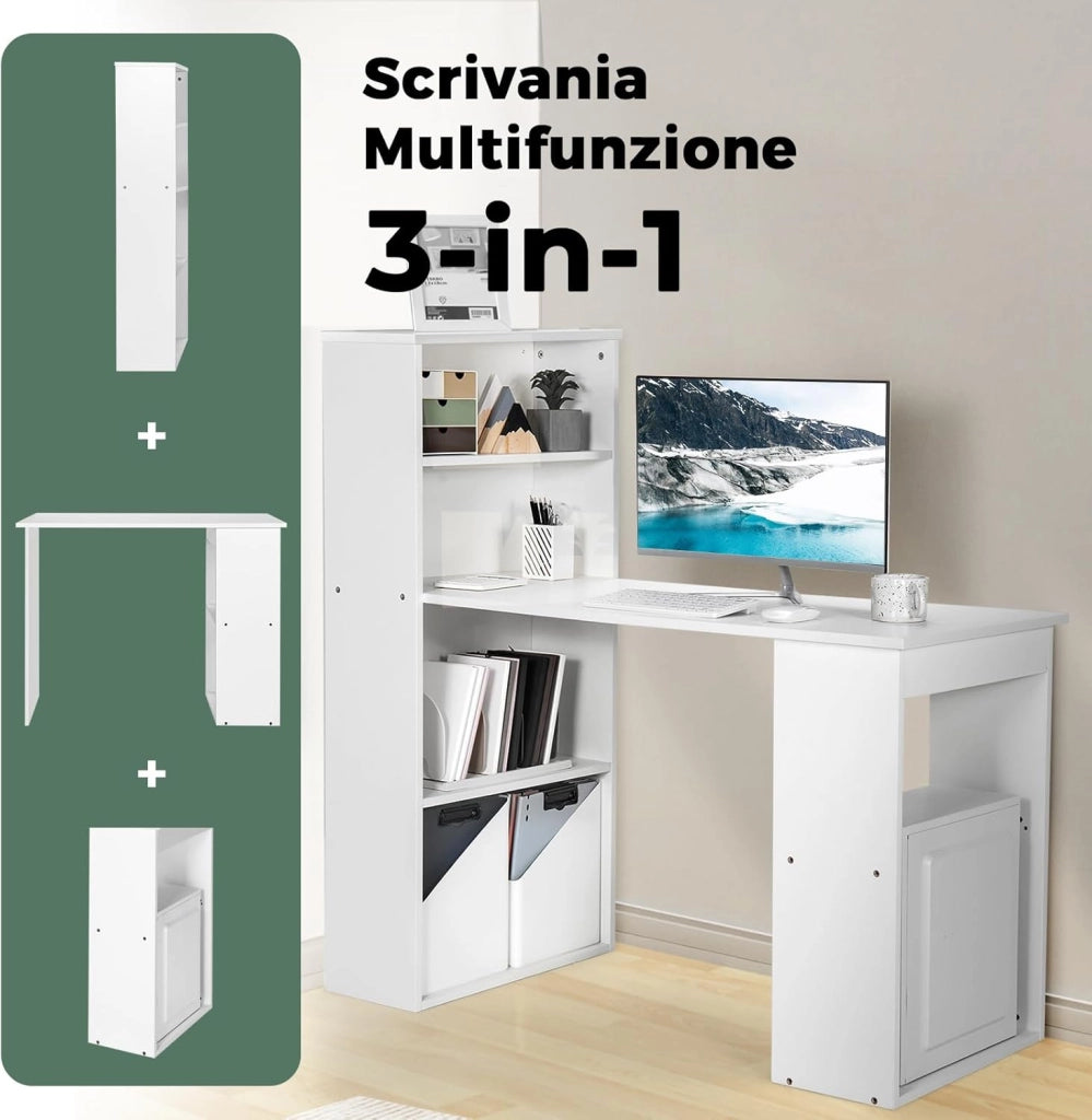 Scrivania per Computer con Libreria, Scrivania Salvaspazio Moderna con 6 Ripiani e Base Ampia, Scrivania Porta PC Moderna per Casa e Ufficio, 122 cm x 51 cm x 122 cm (Bianco)
