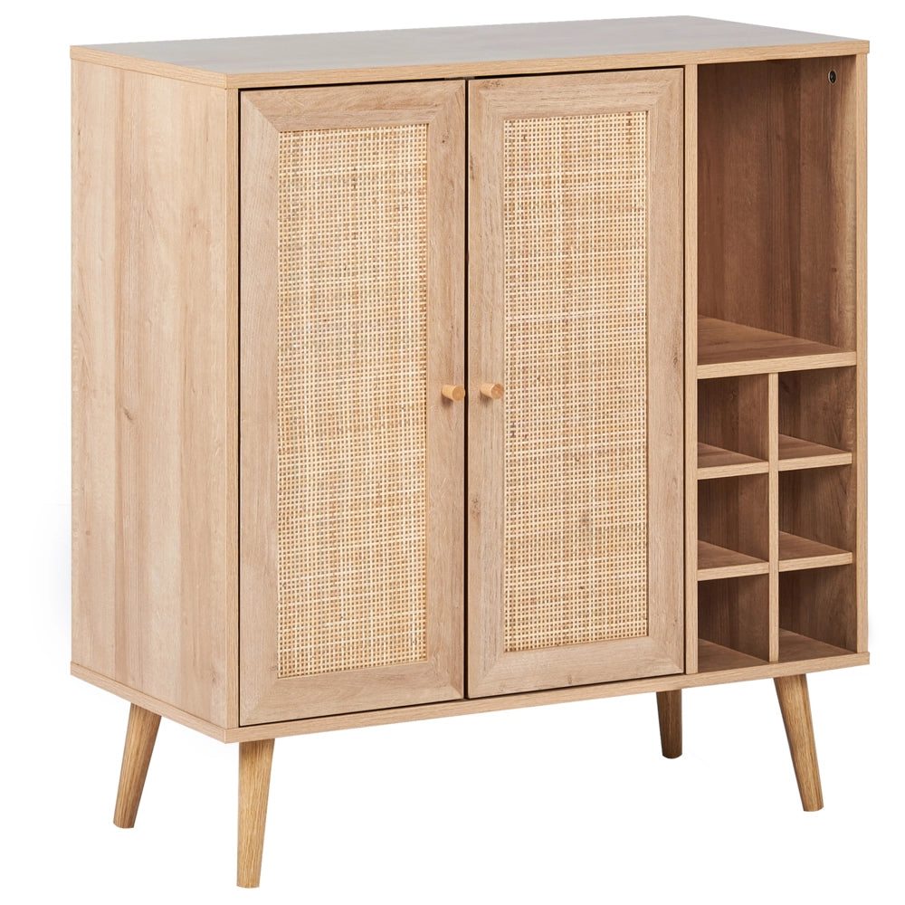 Credenza 2 ante in rattan legno chiaro con ripiano per bottiglie stile boho elegante