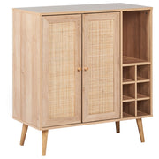 Credenza 2 ante in rattan legno chiaro con ripiano per bottiglie stile boho elegante