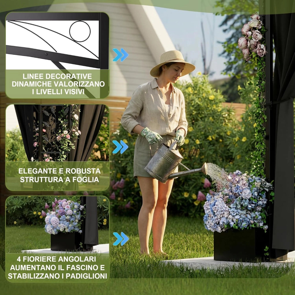Gazebo Esterno Resistente 3.3x3.3 m con 4 Vasi per Fiori - Gazebo da Giardino in a Doppio Tetto Aerato, Struttura Fogliata, Tende Rimuovibili, Protezione UV & Impermeabile per Esterno