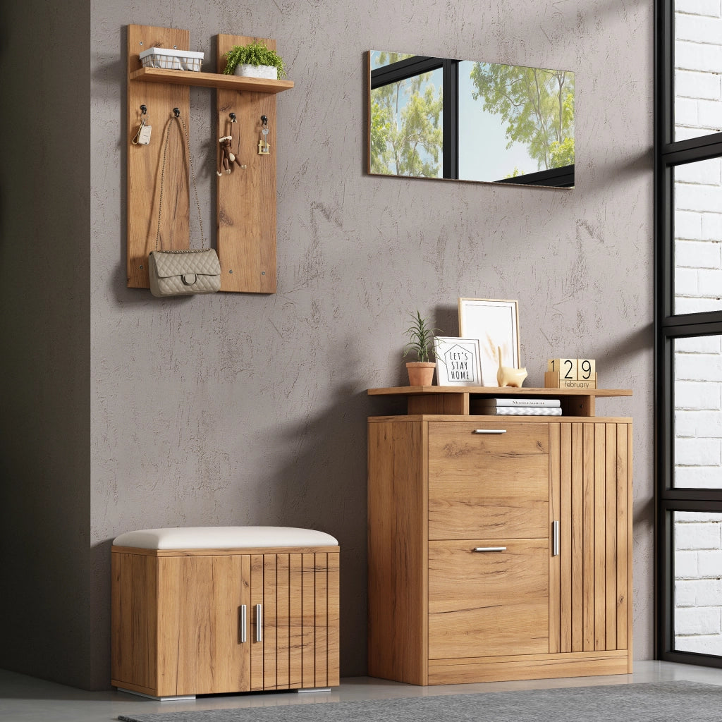 Set guardaroba da ingresso con panca, scarpiera, specchio e 4 ganci, finitura naturale, 140¡Á35¡Á133 cm