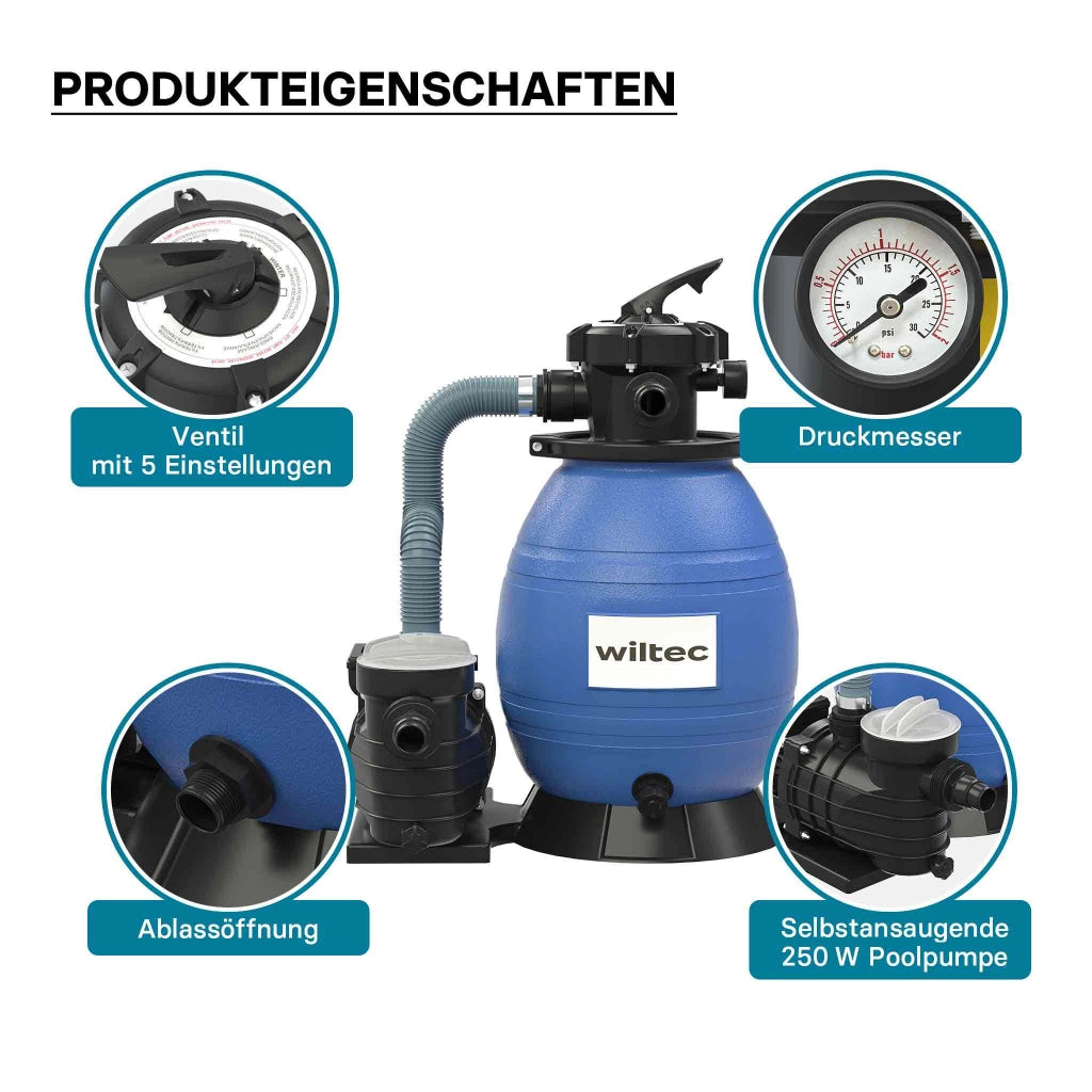 Filtro a sabbia per piscina, 250 W, serbatoio filtrante 26 l, pompa piscina autoadescante 10.000 l/h