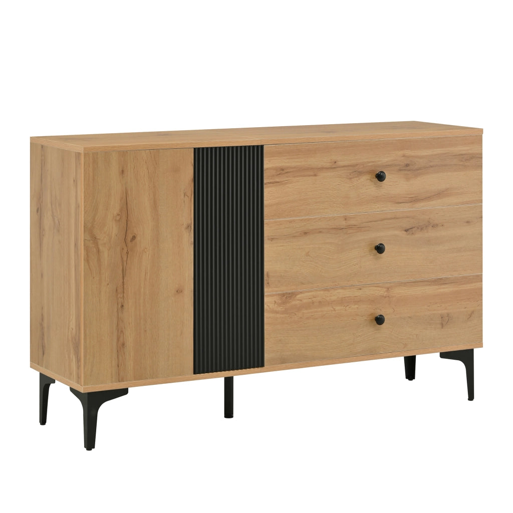 Credenza Moderna Legno e Nero Mobile Buffet 120 cm con 3 Cassetti e Anta