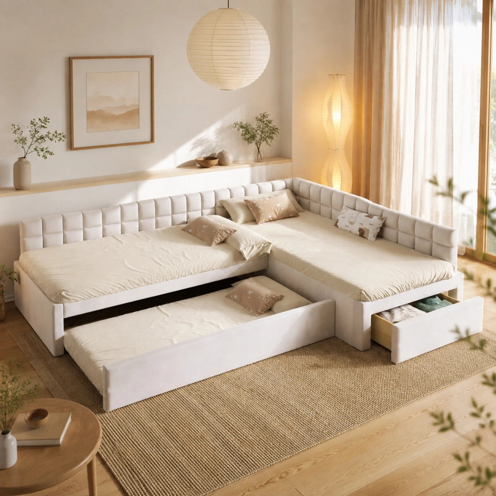 Letto Combinato 90x200 cm e 90x200 cm; con letto estraibile e cassetti in Flanella; Beige