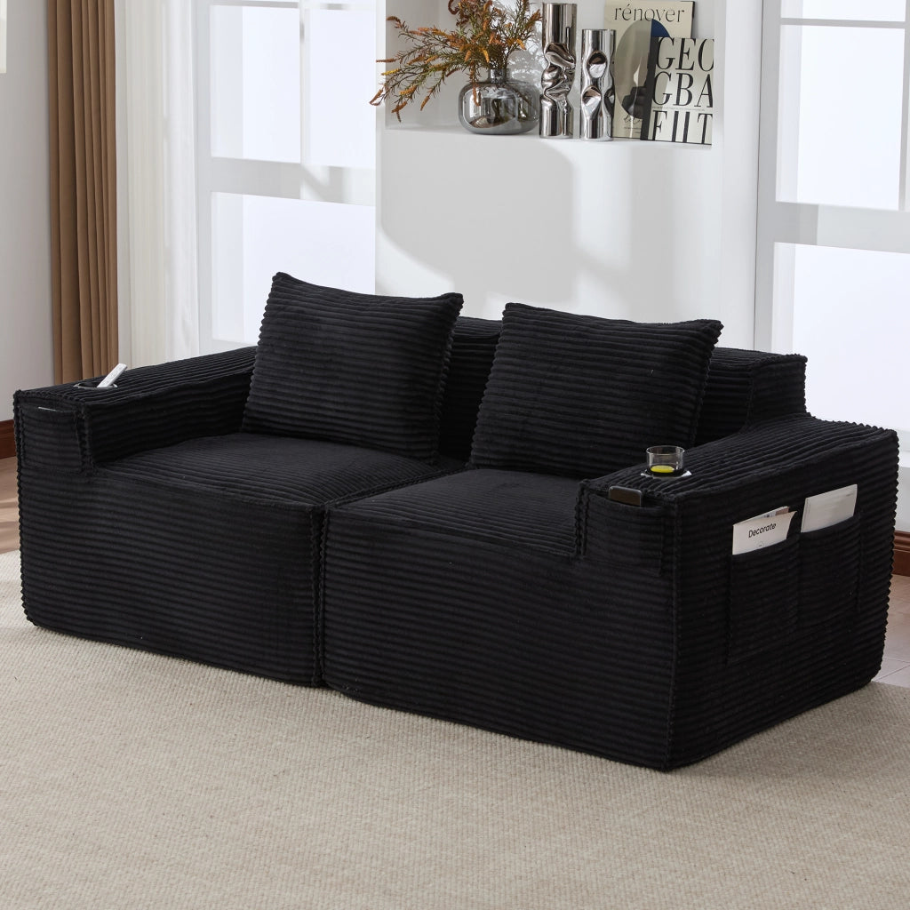 DIVANO Modulare 2 posti in corduroy nero con portabicchieri e tasche laterali