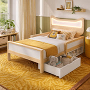 Lettino per bambini con orecchie da gatto e luci LED 90x200 cm in legno di rovere e bianco