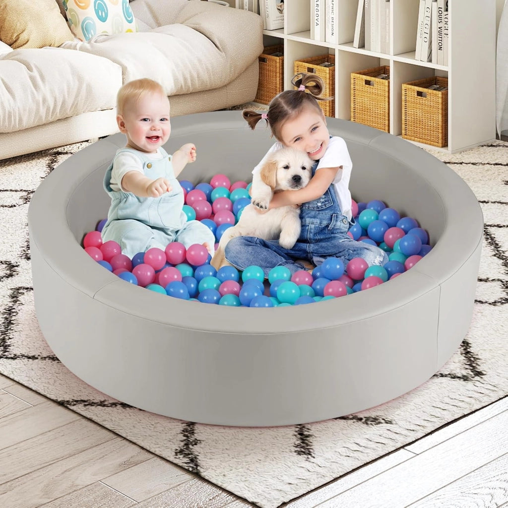 Piscina di Palline per Bambini, Vasca Rotonda con 200 Palline Colorate, Sacchetto in Rete e Copertura Rimovibile, Piscinetta in Morbida Schiuma per Soggiorno e Camera di Bambino (Grigio)