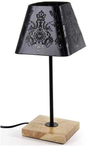 LAMPADA LUMETTO CON PARALUME FLOREALE IN COLORE NERO E BASE IN LEGNO DA 34 CM