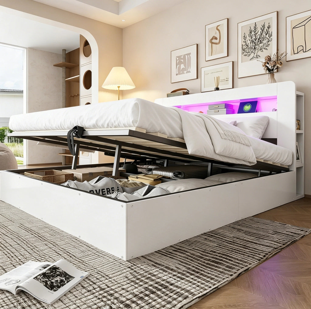 Letto matrimoniale contenitore 180x200 cm in legno bianco con LED; prese e testiera con ripiani