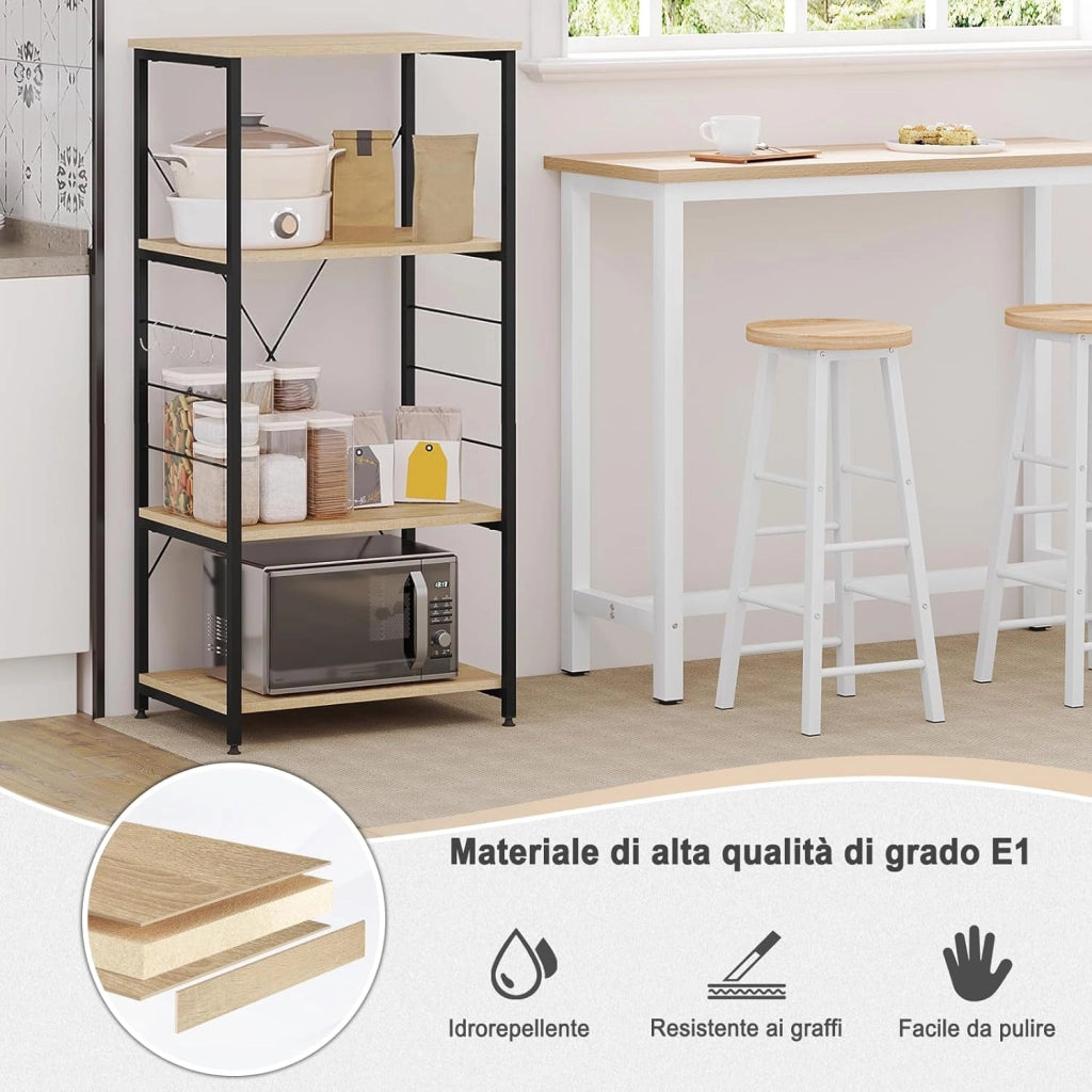 Scaffale per Cucina Carrello Porta Microonde Forno a 4 Ripiani con Ganci in Acciaio Legno