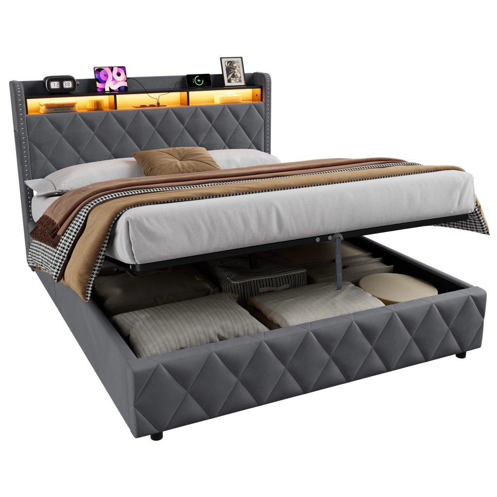 Letto matrimoniale imbottito contenitore grigio scuro 160x200 cm con LED e dock USB