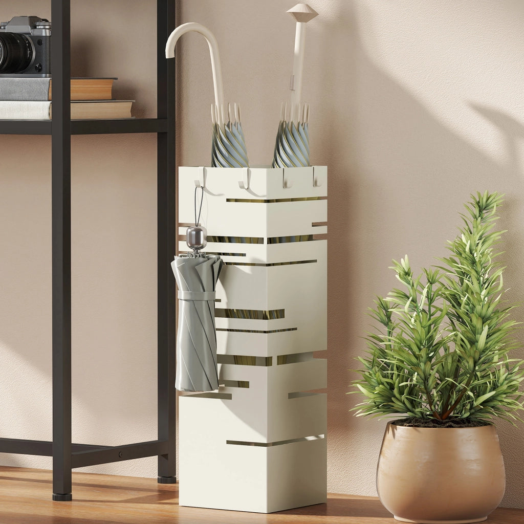 Portaombrelli Quadrato in Metallo con Vassoio e Ganci ¨C Zephmum ¨C 15.5x15.5x49 cm Beige