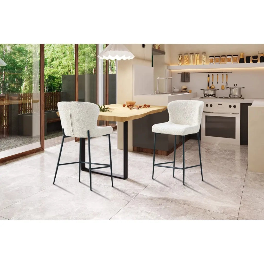 Sedia da bancone LISE - Tessuto bouclé colore bianco avorio - Piedi in metallo nero - Stile design/industriale