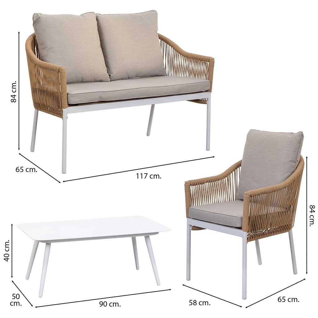Set tavolo, divano e 2 poltrone beige 90x50x40, 58x65x84, 117x65x84