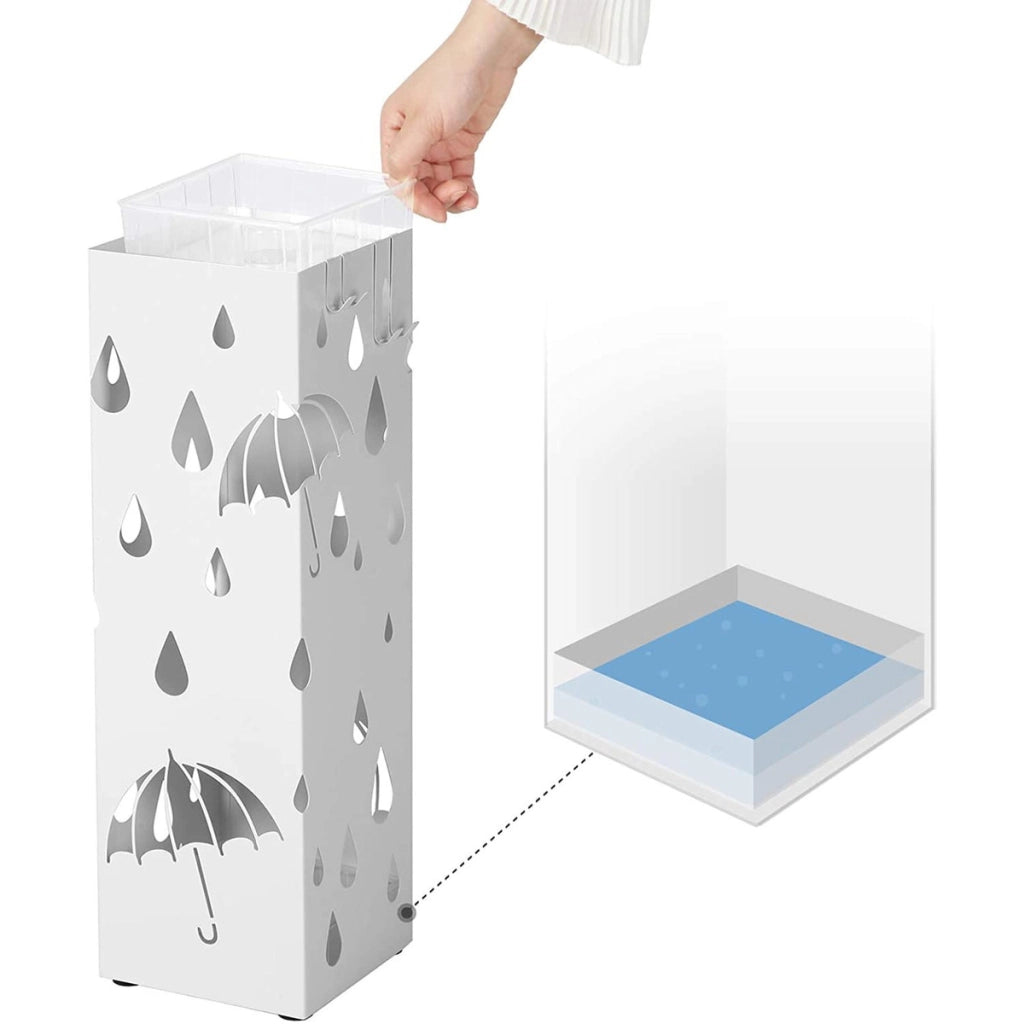 Portaombrelli in metallo bianco con vassoio raccogli-acqua