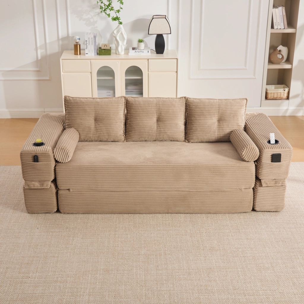 Divano letto modulare 3 posti con tasche laterali e portabicchieri in corda khaki 232×98×80cm