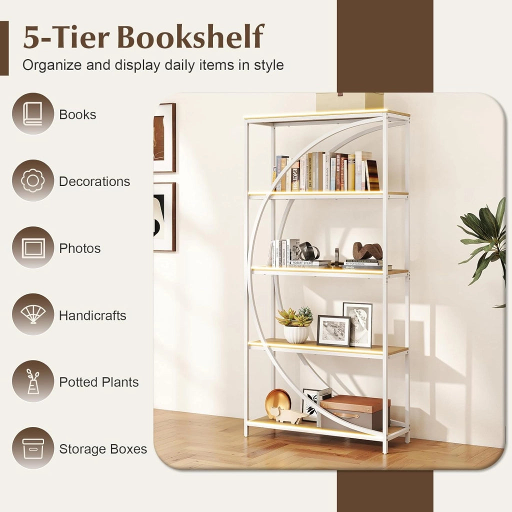 Libreria a 5 piani autoportante con 5 ripiani aperti, scaffale da esposizione industriale con design a mezzaluna per casa e ufficio, 86 x 30 x 175 cm (naturale)