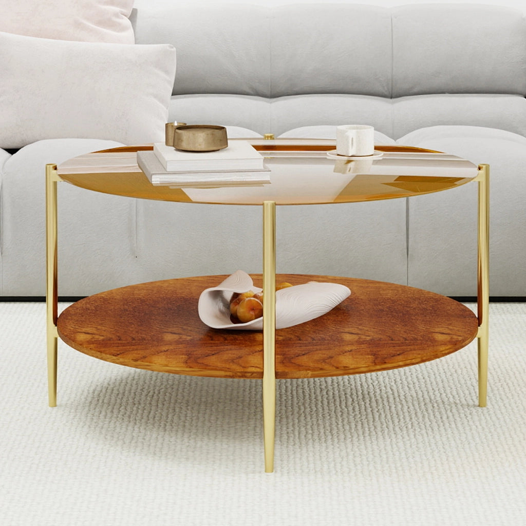 Tavolino basso con piano in vetro temperato dorato e base in legno a due livelli, per soggiorno, 82 × 45 cm