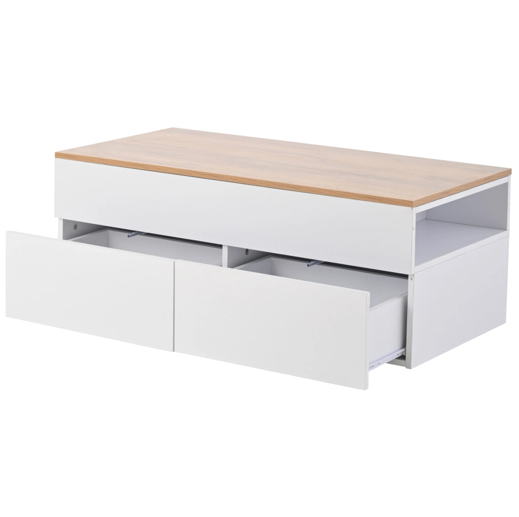 Tavolino da soggiorno sollevabile 100x50x40 cm in truciolare bianco con 2 cassetti
