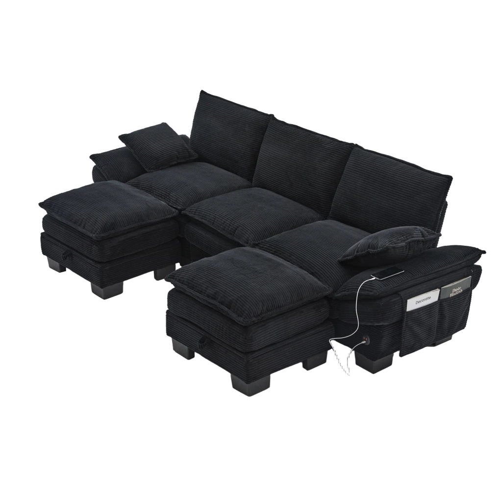 Divano modulare 3 posti con 2 pouf; USB-C; tasche laterali; velluto a coste; nero