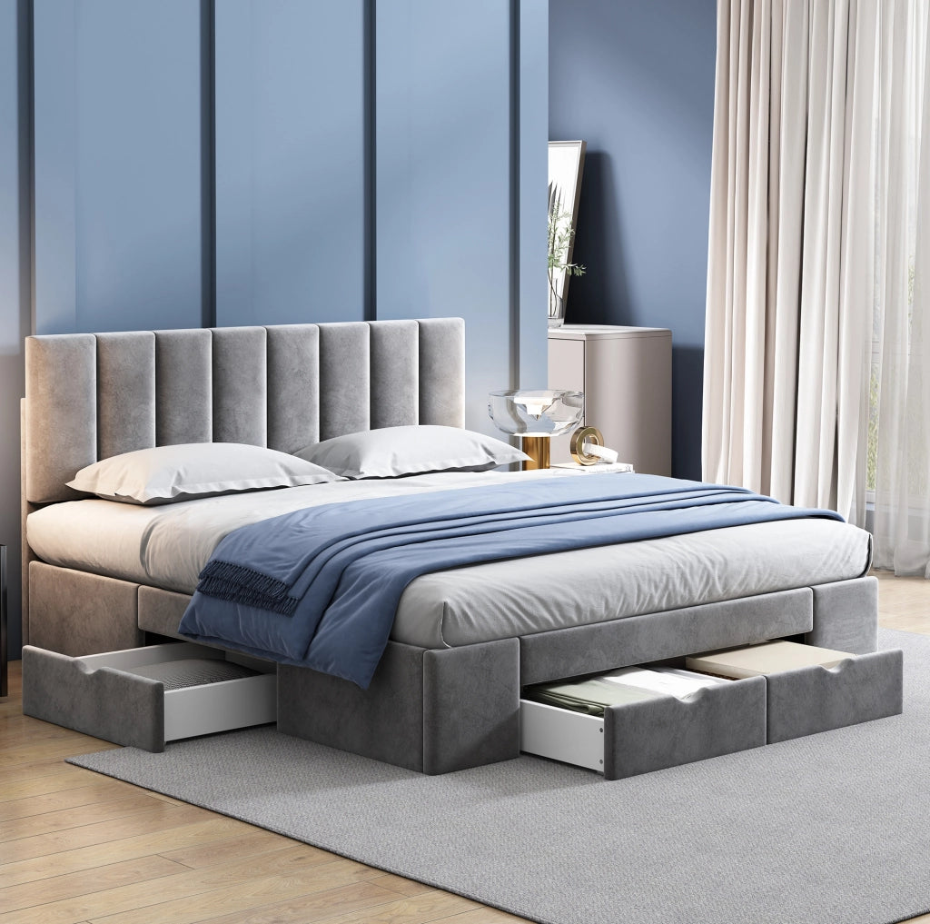 Letto imbottito matrimoniale 160x200 cm in velluto grigio con rete; testiera regolabile e 4 cassetti
