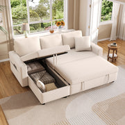 Divano letto angolare reversibile con contenitore, tasche laterali e 2 cuscini, in lino Beige